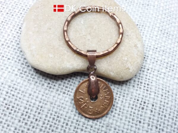 Denmark 1937 coin keychain - 87 year old crowned letter C initial vintage copper 1 ore coin pendant - 87th birthday gift - Antique souvenir