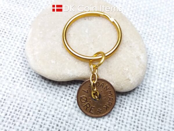 Denmark 1937 coin keychain - Letter C initial on 87 year old copper 1 ore vintage coin pendant - 87th birthday gift - Danish souvenir