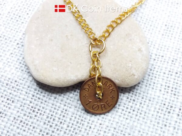 Denmark 1937 coin necklace - Crowned letter C initial on 87 year old 1 ore - Antique Danish souvenir - 87th birthday gift. Cord/chain option