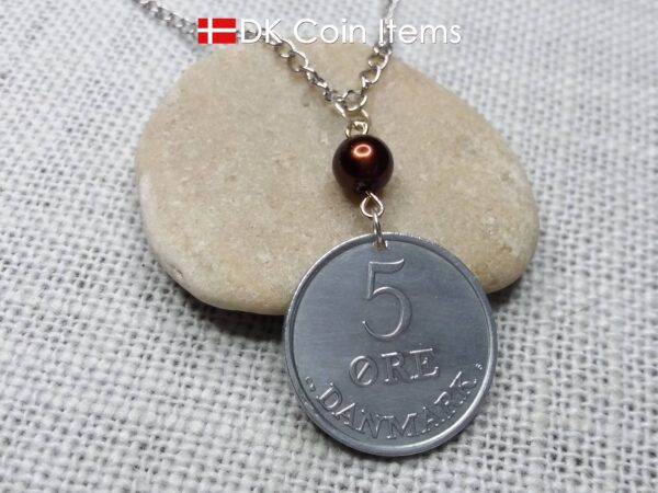 Denmark 1964 coin necklace - 60 year old 5 ore - Crowned Letter R initial - 60th birthday gift - Danish souvenir - Cord/chain options