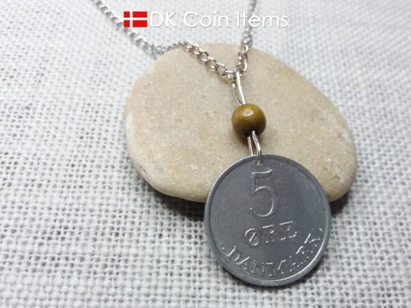 Denmark 1964 coin necklace - 60 year old 5 ore with Crowned Letter R initial - 60th birthday gift - Danish souvenir - Cord/chain options