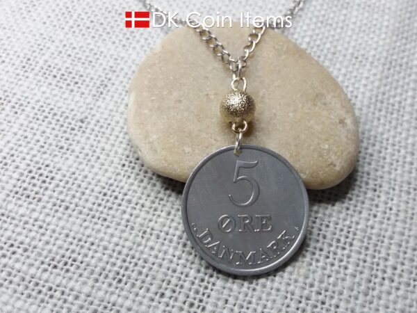 Denmark 1964 coin necklace - 60 year old 5 ore - 60th birthday gift - Crowned Letter R initial - Danish souvenir - Cord/chain options