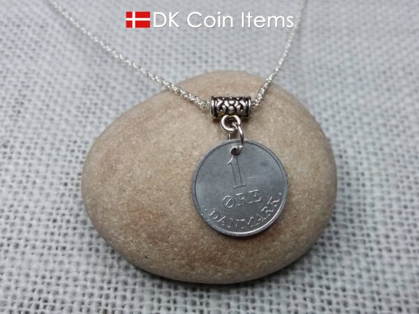 Denmark 1970 coin necklace with chain - 54 year old vintage 1 ore (16mm) as coin pendant - 54th birthday gift - Danish souvenir