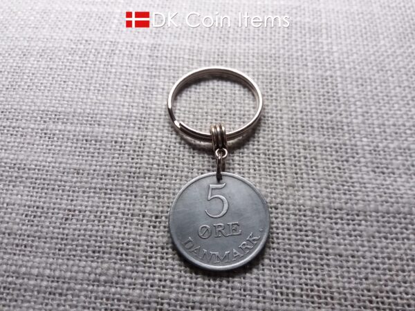 Denmark 1963 R-initial coin keychain with 61 year old 5 ore as coin pendant on bail and 30mm keyring