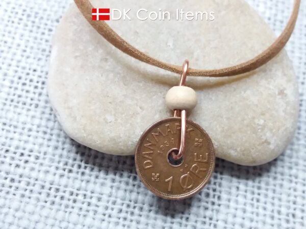 Denmark 1934 coin necklace - 90 year old crowned letter C initial 1 ore - 90th birthday gift - Antique Danish souvenir - Cord/chain option