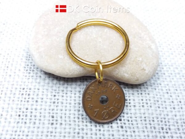 Denmark 1934 coin keychain - 90 year old crowned letter C initial 1 ore as coin pendant - 90th birthday gift - Antique Danish souvenir