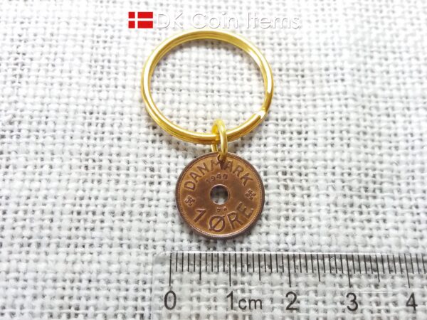 Denmark 1940 coin keychain - 84 year old crowned letter C initial 1 ore as coin pendant - 84th birthday gift - Antique Danish souvenir