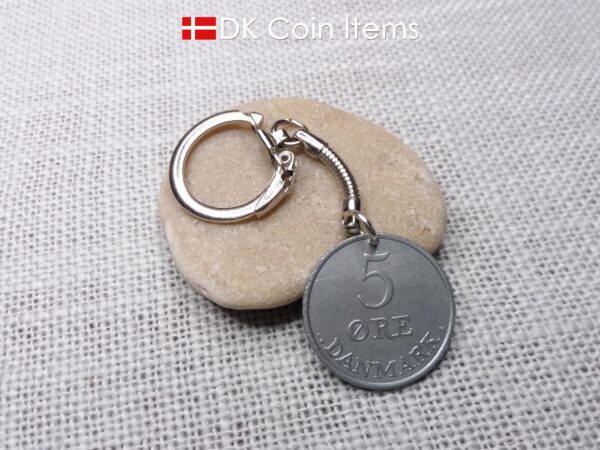 Denmark 1961 R-initial coin keychain with 63 year old 5 ore as coin pendant on snake keyring