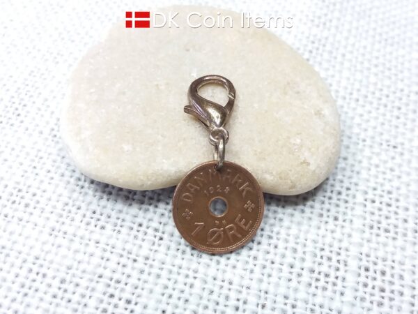 Denmark 1928 coin charm. C-initial 1 ore coin 96 years old.