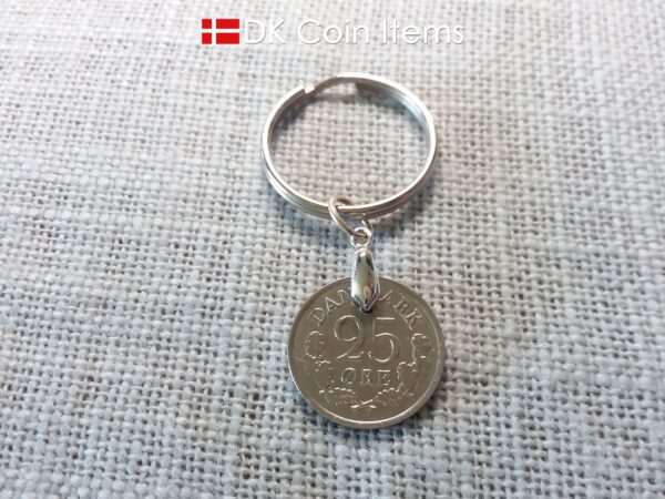 Denmark 1961 R-initial coin keychain with 63 year old 25 ore as coin pendant on pinch bail and 30mm keyring