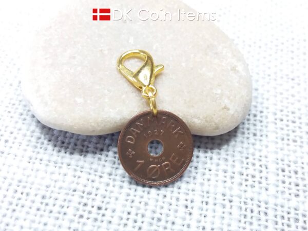 Denmark 1927 coin charm. C-initial 1 ore coin 97 years old.