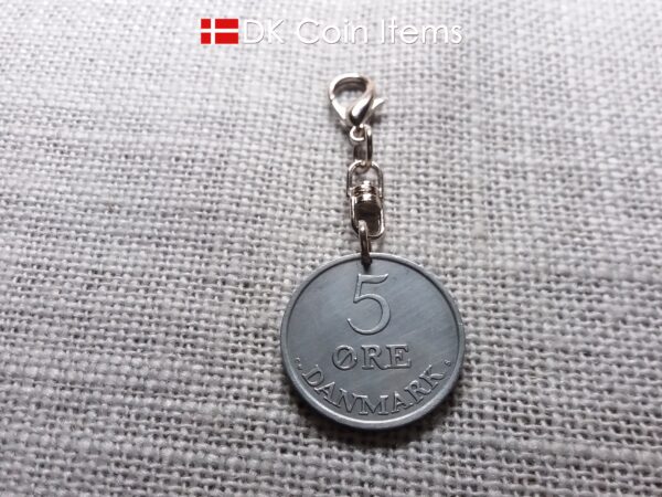 Denmark 1959 R-initial coin charm with 65 year old 5 ore as coin pendant on swivel unit and 18mm lobster claw clasp