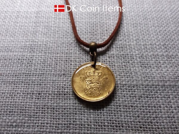 Denmark 1948 coin necklace with golden 76 year old vintage 1 krone as coin pendant. Cord/Chain options