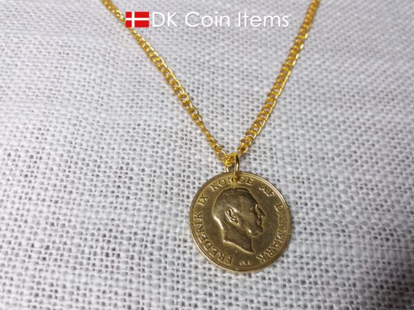 Denmark 1957 coin pendant necklace with golden 67 year old vintage 1 krone. Cord/Chain options