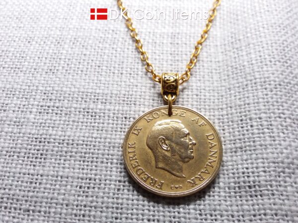 Denmark 1958 coin necklace with golden 66 year old vintage 2 kroner as coin pendant on bail. Cord/Chain options