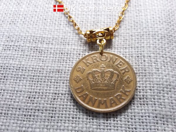 Denmark 1925 Crown C-initial coin necklace with golden 99 year old vintage 2 kroner as coin pendant. Cord/Chain options