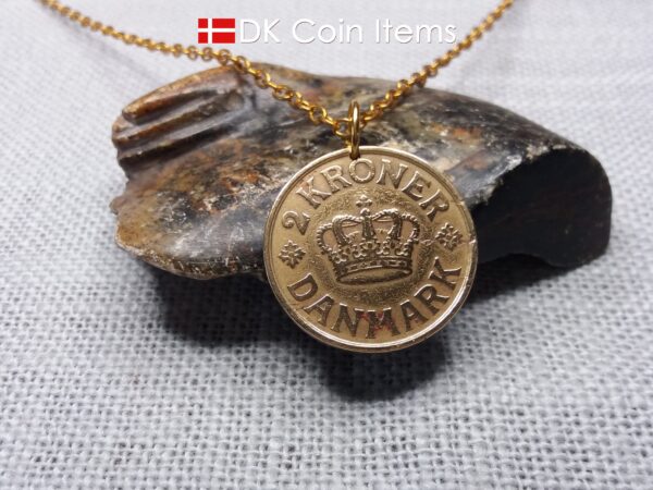 Denmark 1925 Crown C-initial coin pendant necklace with golden 99 year old vintage 2 kroner. Cord/Chain options