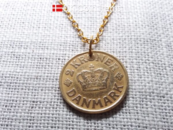 Denmark 1925 Crown C-initial coin pendant necklace with 99 year old golden vintage 2 kroner. Cord/Chain options