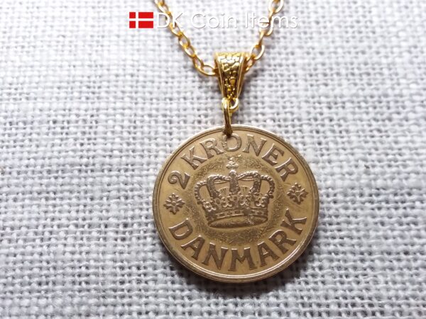 Denmark 1925 Crown C-initial coin necklace with 99 year old golden vintage 2 kroner as coin pendant. Cord/Chain options