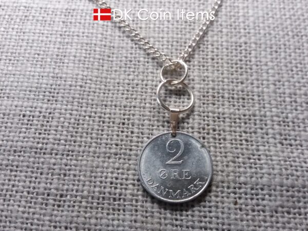 Denmark 1970 R-initial coin necklace with 54 year old 2 ore as coin pendant on silver plated snap lock and rings