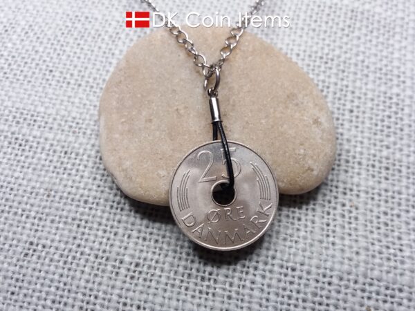 Denmark 1976 M-initial coin necklace with 48 year old 25 ore as coin pendant on black cowhide leather string