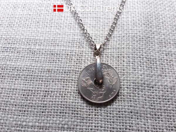 Denmark 1976 M-initial coin necklace with 48 year old 25 ore as coin pendant on pinch bail with snap lock