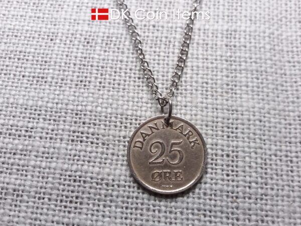 Denmark 1949 R-initial coin necklace with 75 year old vintage 25 ore as coin pendant. Cord/Chain options