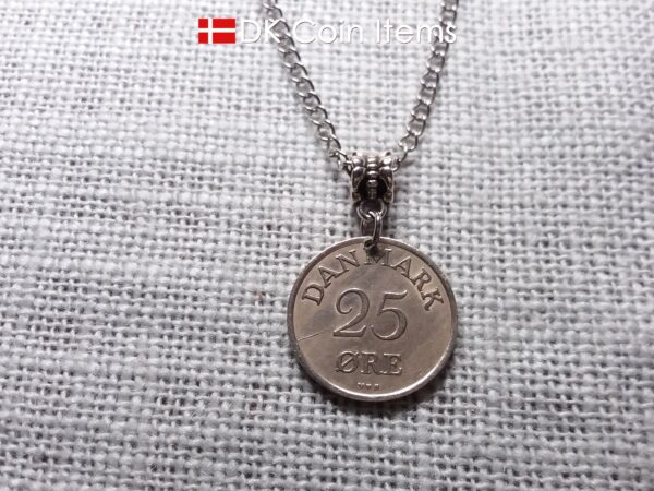 Denmark 1949 R-initial coin necklace with 75 year old vintage 25 ore as coin pendant on bail. Cord/Chain options