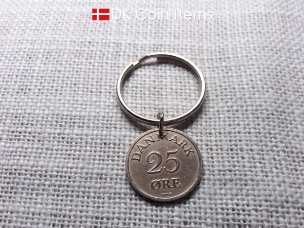 Denmark 1951 R-initial coin keychain with 73 year old vintage 25 ore as coin pendant on 30mm keyring