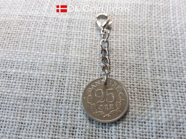 Denmark 1961 R-initial coin charm with 63 year old 25 ore as coin pendant on chain and 18mm lobster claw clasp