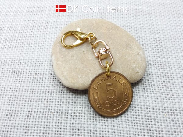 Denmark 1964 R-initial coin charm with 60 year old vintage 5 ore coin pendant on swivel and lobster claw clasp. 60th birthday gift