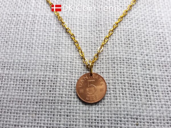 Denmark 1982 M-initial coin pendant necklace with 42 year old vintage copper 5 ore. 42nd birthday gift. 5th anniversary. Danish souvenir