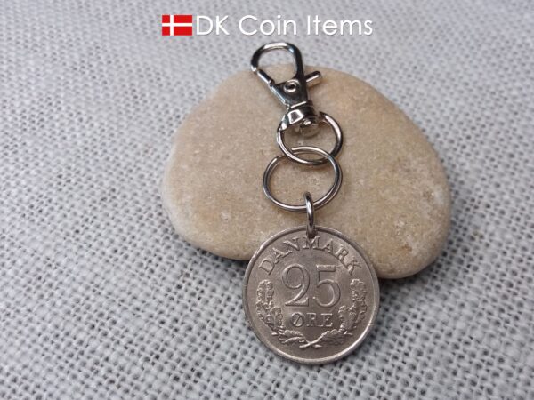 Denmark 1961 R-initial coin charm with 63 year old 25 ore as coin pendant on infinity ring and trigger clip