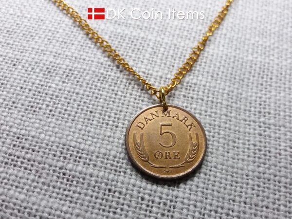 Denmark 1966 R-initial coin pendant necklace with 58 year old vintage 5 ore. 58th birthday gift. 5th anniversary gift. Danish souvenir