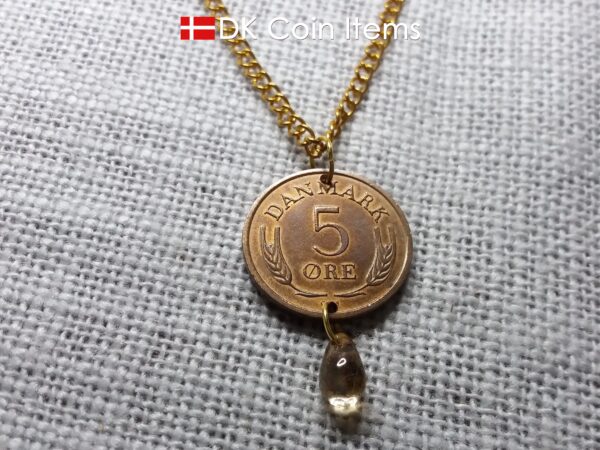 Denmark 1966 R-initial coin necklace - 58 year old vintage 5 ore with bead. 58th birthday gift. 5th anniversary gift. Danish souvenir