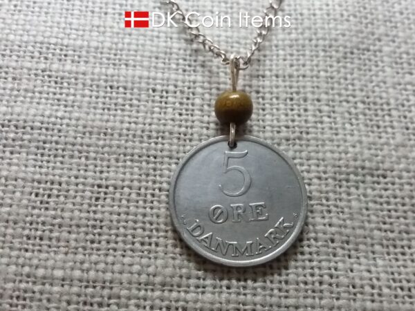 Denmark 1959 coin necklace - Crowned letter R initial on 65 year old 5 ore - 65th birthday gift - Danish souvenir - Cord/chain options