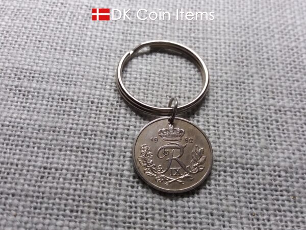 Denmark 1952 coin keychain - Crowned letter R initial on 72 year old 25 ore on 30mm keyring - 72nd birthday gift - Danish souvenir