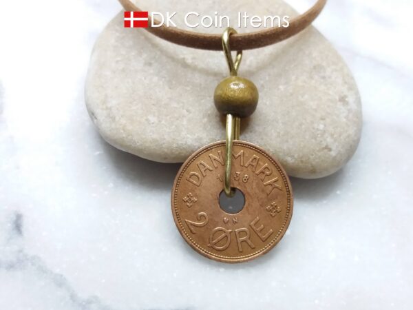 Denmark 1938 coin necklace - Crowned letter C initial on 86 year old 2 ore - Antique Danish souvenir - 86th birthday gift. Cord/chain option