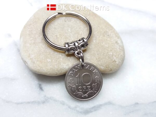 Denmark 1969 coin keychain - Crowned Letter R initial on 55 year old 10 ore - 55th birthday gift - 10th anniversary gift - Danish souvenir