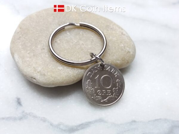 Denmark 1969 coin keychain - 55 year old Letter R initial 10 ore on 25mm keyring - 55th birthday gift - 10th anniversary - Danish souvenir