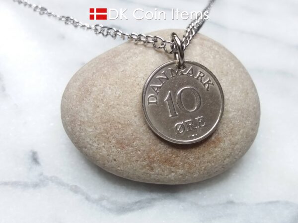 Denmark 1954 coin necklace - 70 year old Crowned Letter R initial 10 ore - 70th birthday gift - Danish souvenir - Cord/chain options