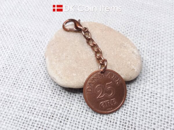 Denmark 1950 R-initial coin pendant charm with 74 year old decoratively copper plated 25 ore and chain plus 18mm lobster claw clasp