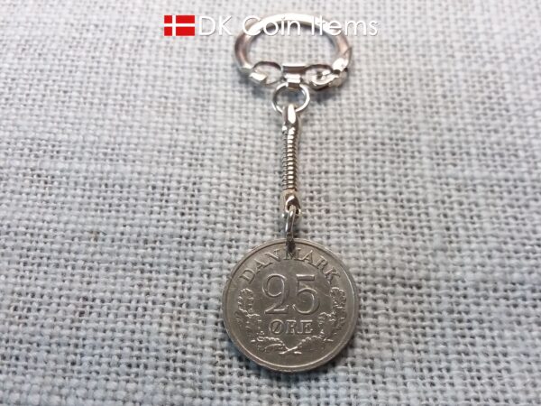 Denmark 1962 R-initial coin keychain with 62 year old 25 ore as coin pendant on snake keyring