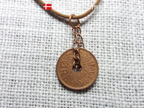 Denmark 1937 coin necklace - Crowned letter C initial on 87 year old 2 ore - Antique Danish souvenir - 87th birthday gift. Cord/chain option