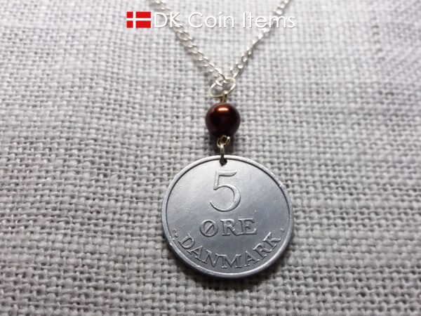 Denmark 1959 coin necklace - 65 year old 5 ore - Crowned Letter R initial - 65th birthday gift - Danish souvenir - Cord/chain options