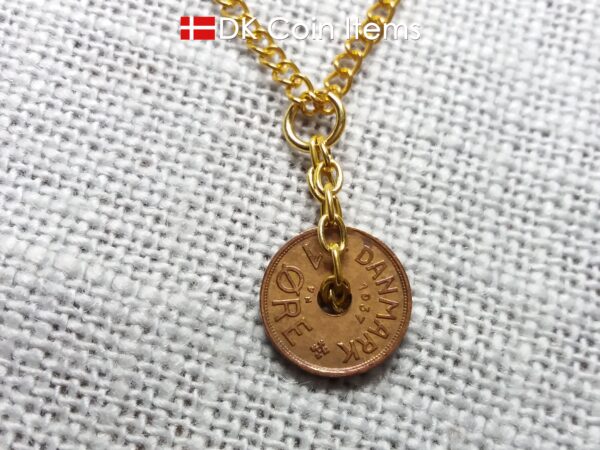 Denmark 1937 coin necklace - Crowned letter C initial on 87 year old 1 ore - Antique Danish souvenir - 87th birthday gift. Cord/chain option