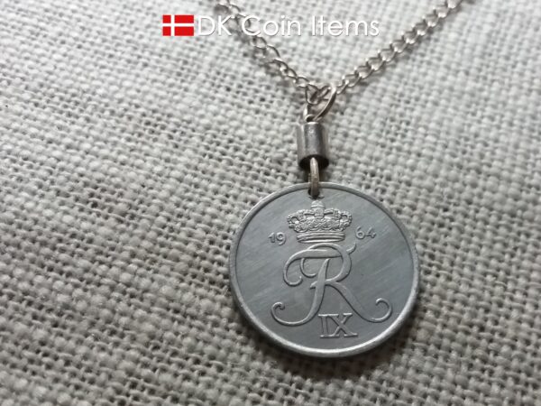 Denmark 1964 coin necklace - 60 year old Letter R initial 5 ore - 60th birthday gift - Danish souvenir - Cord/chain options