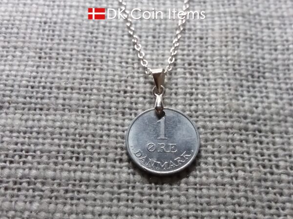 Denmark 1970 coin necklace - 54 year old vintage 1 ore (16mm) as coin pendant - 54th birthday gift - Danish souvenir - Chain included