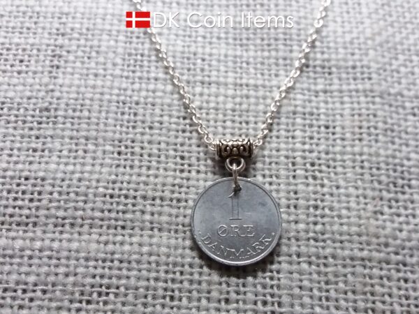 Denmark 1970 coin necklace with chain - 54 year old vintage 1 ore (16mm) as coin pendant - 54th birthday gift - Danish souvenir