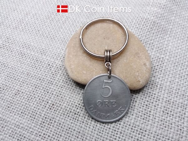 Denmark 1963 R-initial coin keychain with 61 year old 5 ore as coin pendant on bail and 30mm keyring